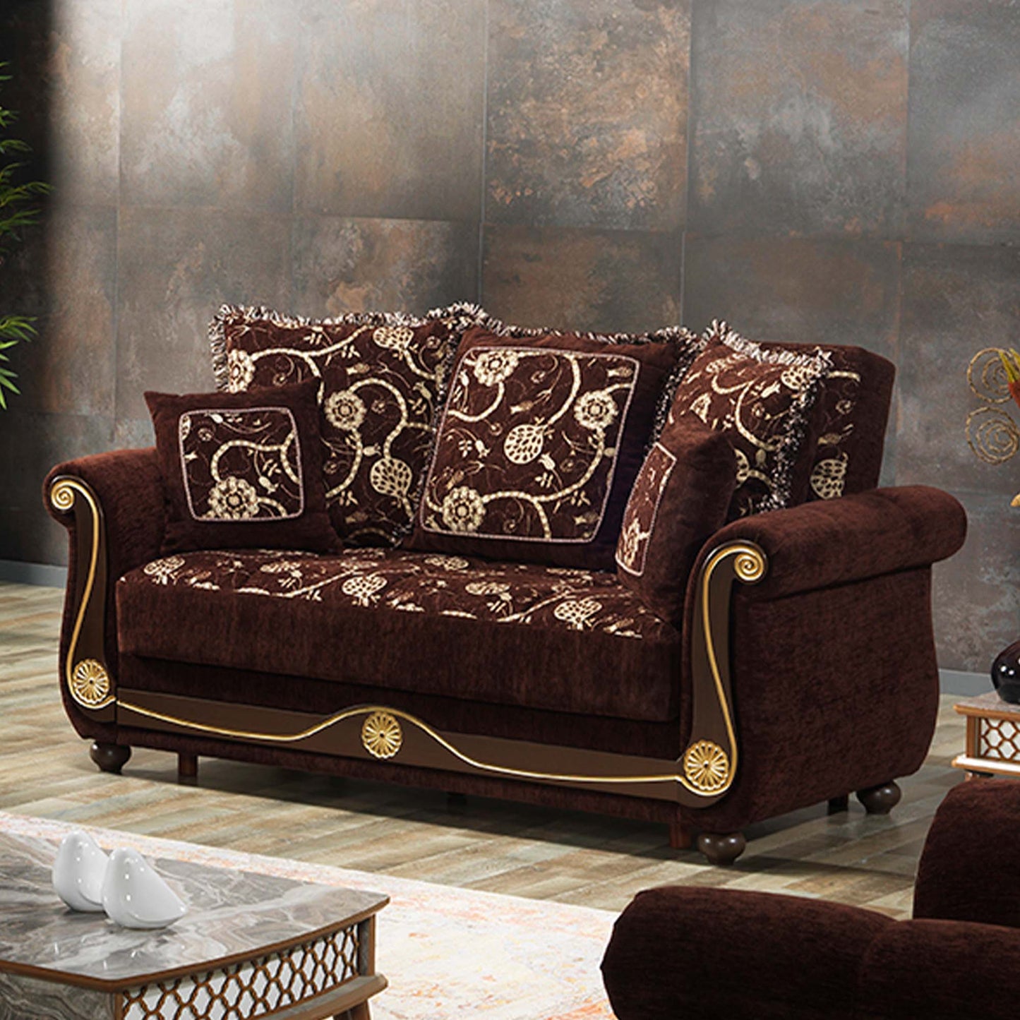 AMERICANA  LOVESEAT IN BROWN CHENILLE