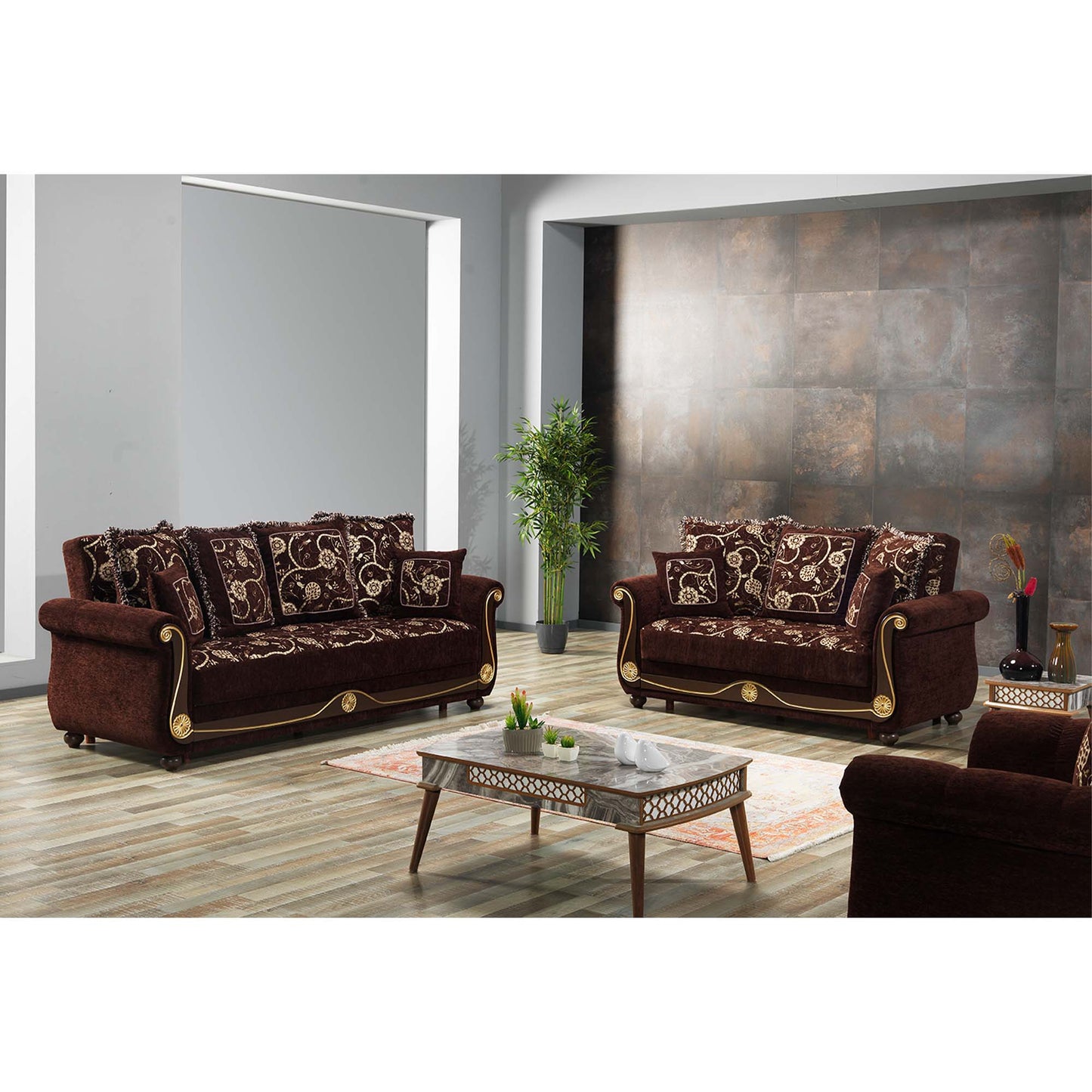 AMERICANA  LOVESEAT IN BROWN CHENILLE