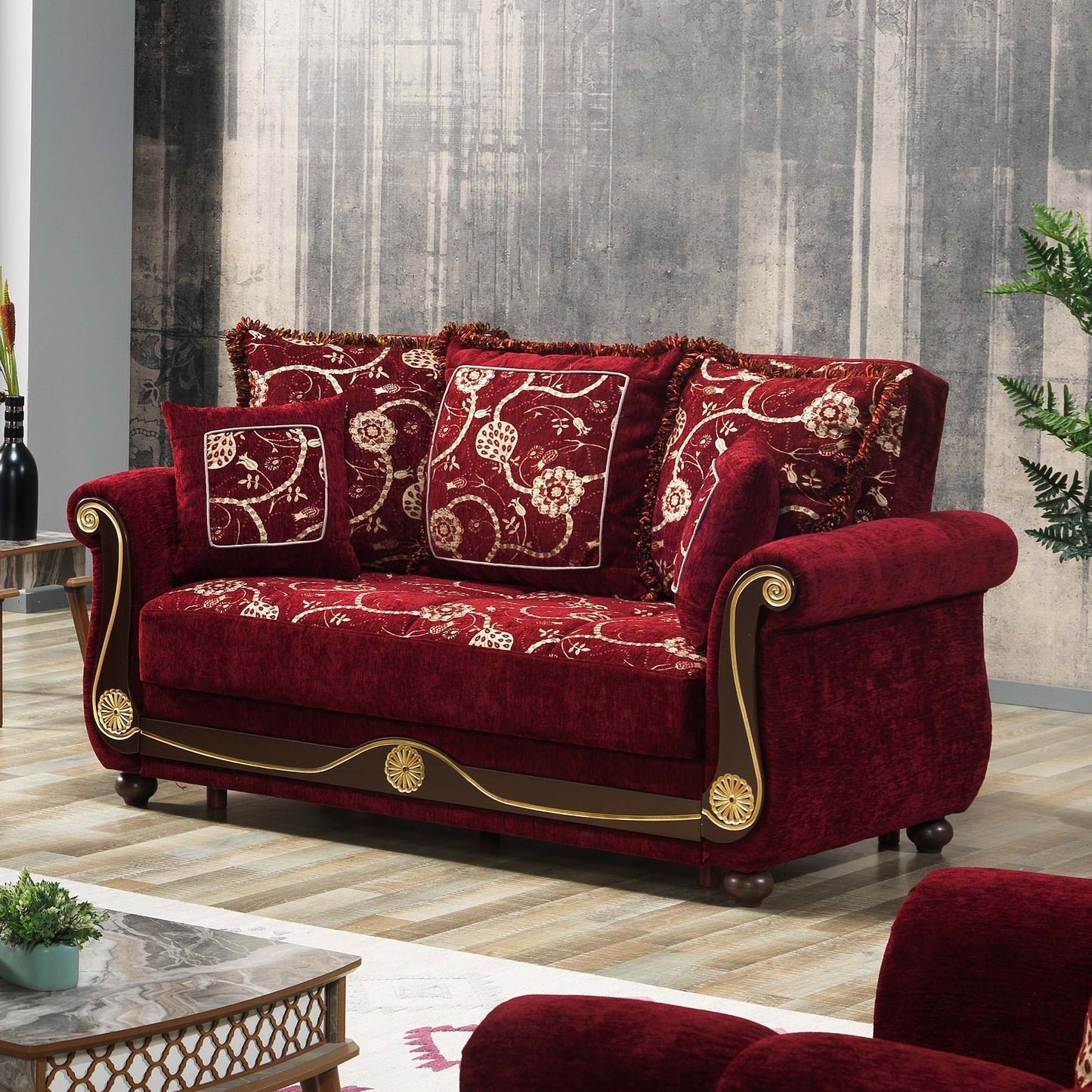 AMERICANA  LOVESEAT IN BURGUNDY  CHENILLE