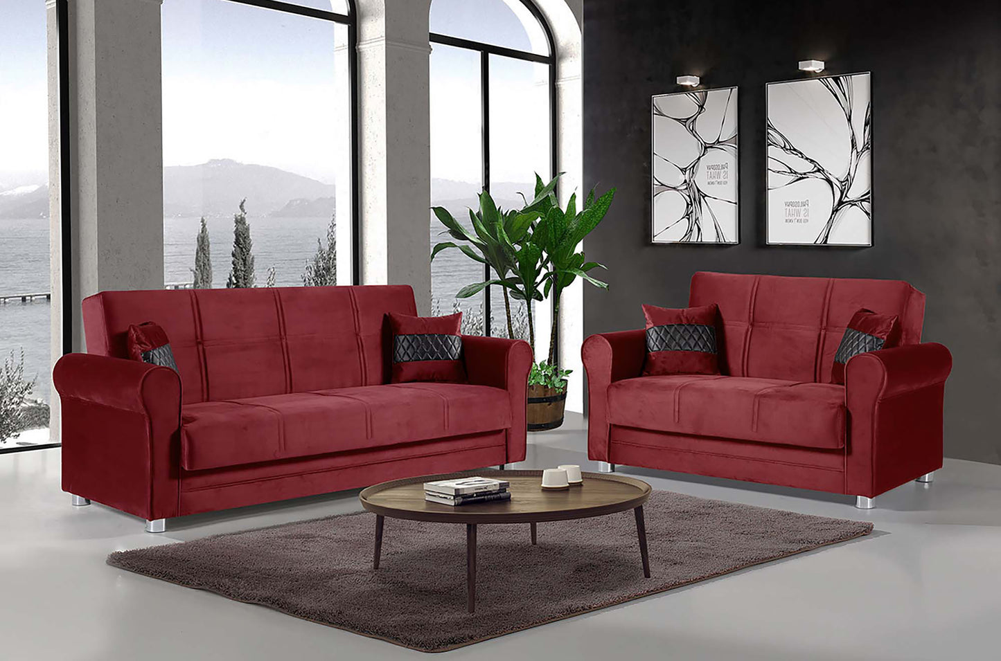 SARA  SOFABED IN BURGUNDY  MICROFIBER